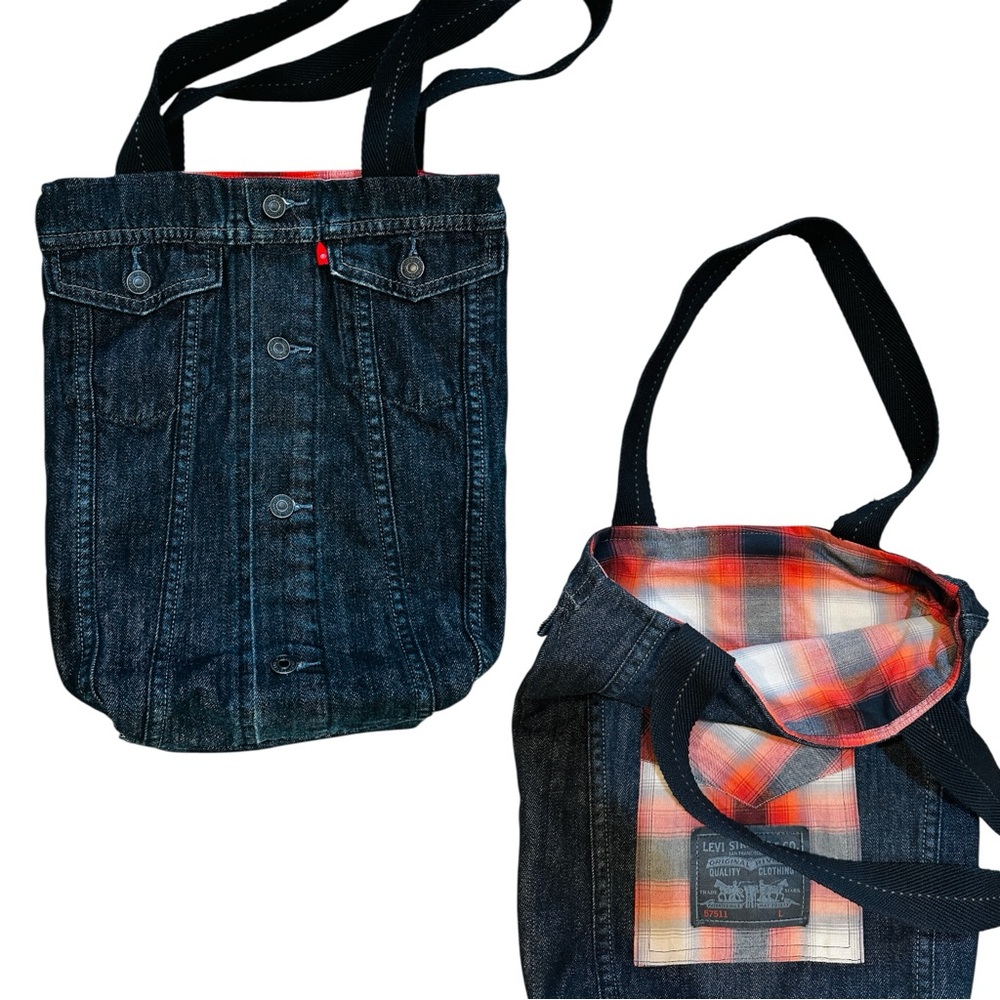 Reversible Levi's Tote Bag made from Black Levi’s jacket & Western Plaid Shirt